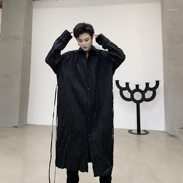 

new male women japan karajuku streetwear gothic long dress shirts men pleated fabric vintage fashion casual long sleeve shirt1, White;black
