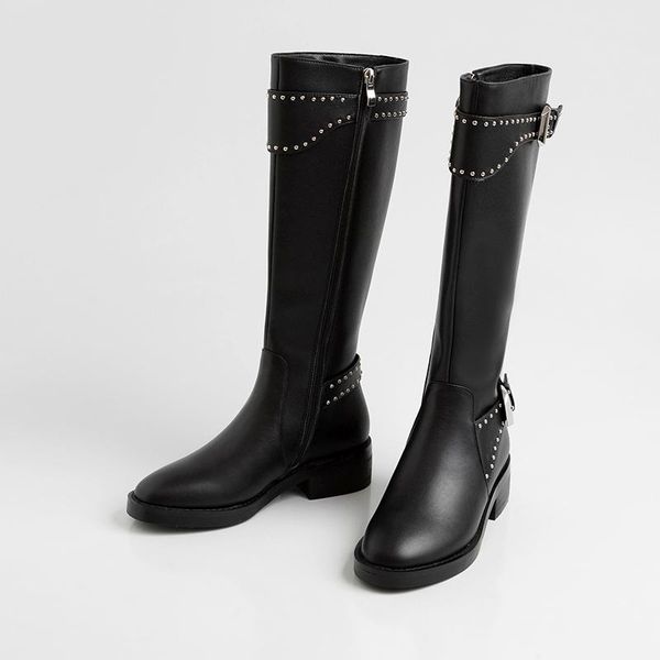 

2021 genuine leather knee high boots classic design side zipper med heels shoes woman autumn winter wedding boots woman, Black