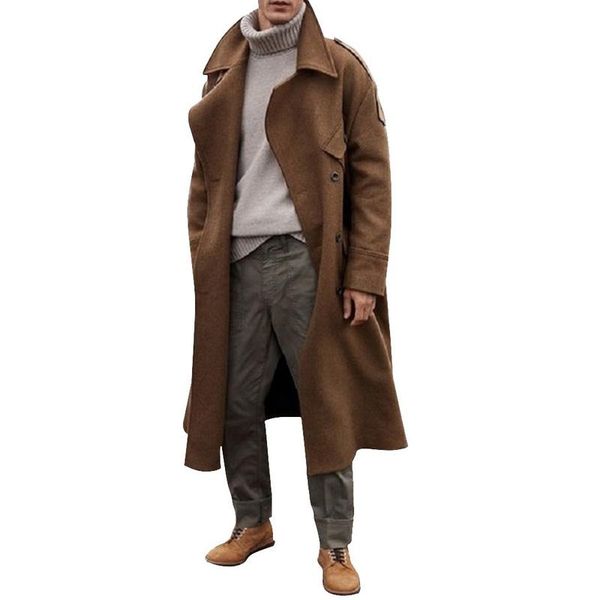 

men's trench coats winter fashion long jacket coat men solid thick business casual mens turn down collar windbreaker outerwear, Tan;black