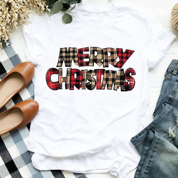 

women plaid cute letter holiday short sleeve winter merry christmas clothes ladies graphic printed tee tshirt female t-shirt, White