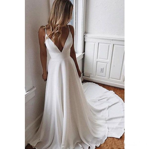 

simple v neck chiffon a line boho beach wedding dresses 2020 beaded applique formal bridal gowns custom bride dress, White