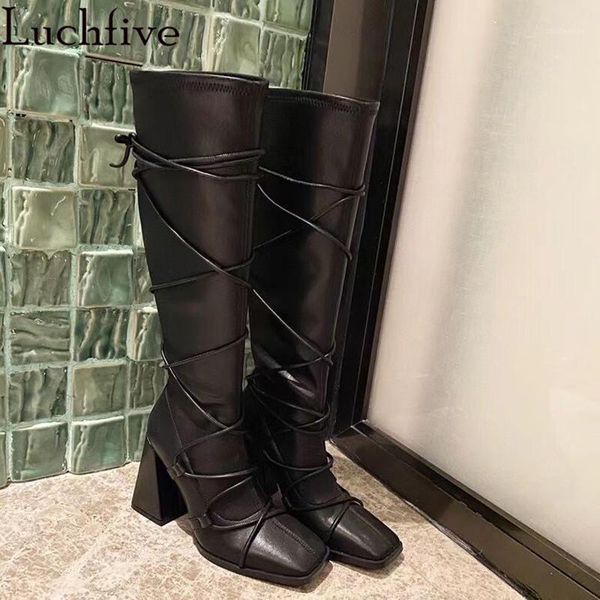 

boots cross tied leather for women square toe ladies chunky high heels party shoes runway black knee high1