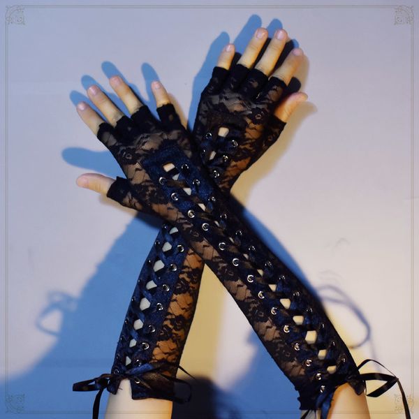 

women fishnet mesh long elbow fingerless gloves bandage for lolita harajuku punk rock party stage show exotic guantes, Blue;gray