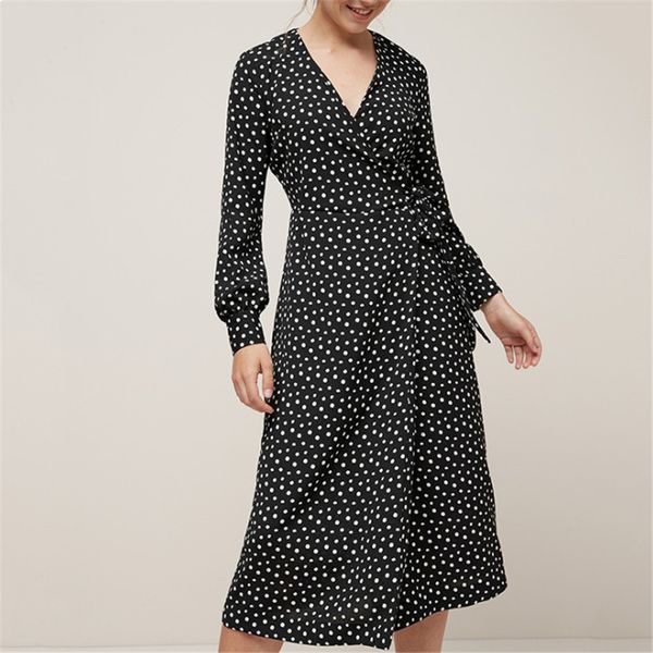 

2021 new retro polka dot casual skirt v-neck long sleeve wrapping gown ladies'ladies ladies ladies' belay belt hu1s, Black;gray