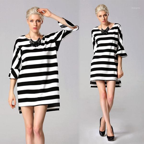 

new stylish lady women's fashion 3/4 black and white sleeve o-neck loose above knee striped casual dress1, Black;gray