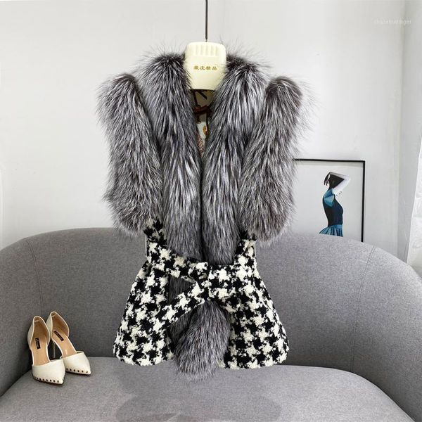 

2020 new design female winter houndstooth vest with natural genuine fur collar women's real fur waistcoat ladies' gilet1, Black