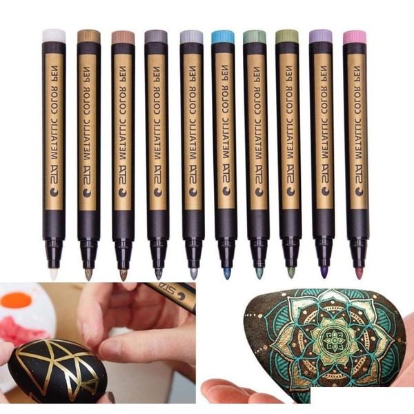 

10 assorted colored metallic permanent paint markers pens fine point for rock glass metal wood glass diy p album drarwing y200709 kmopm