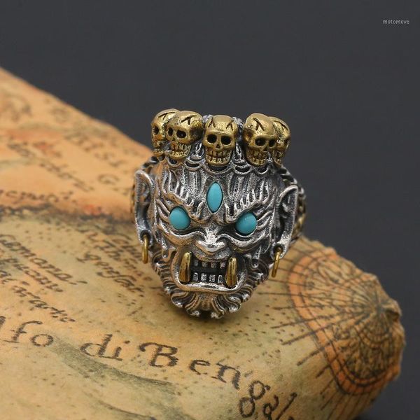 

band rings fnj skull ring 925 silver jewelry blue stone fashion punk s925 sterling for men adjustable size 9-12 bague1