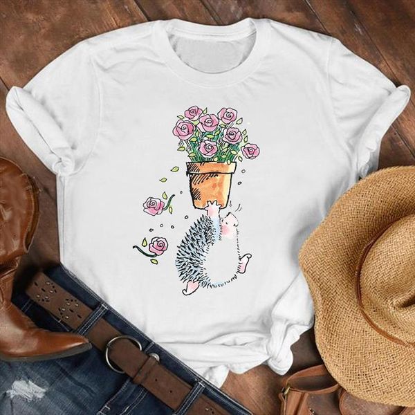 

hedgehog dandelion print t shirt women short sleeve o neck loose tshirt women tee shirt female clothes camisetas mujer, White