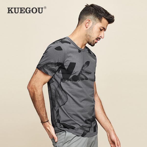 

kuegou cotton men's t-shirt short sleeve printing fashion t shirt for men extension slim summer tshirt men plus size zt-390 1005, White;black