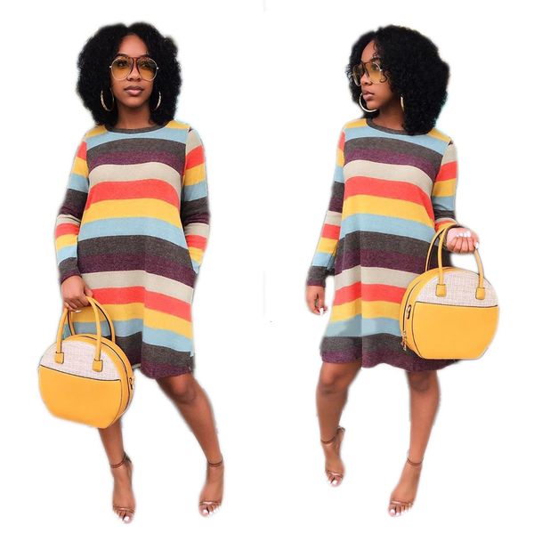 

c2053 women's rainbow striped spring dress with pockets, White;black