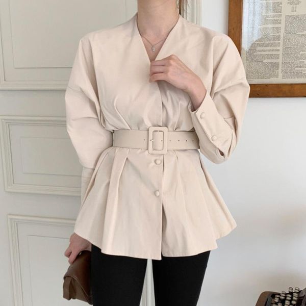 

ewq] корейский стиль chic осенью простой v-образным вырезом поперечного края кнопки слоеного рукава черная рубашка с поясом женщин 2020 мод, White