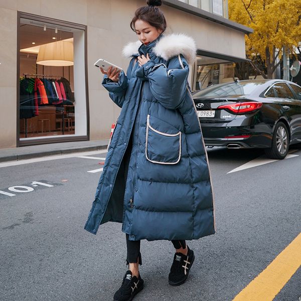 

2021 new women's jacket with hoodie parkas winter longer white duck down korean style loose big fur collar all-match fashion r-99 coat, Black