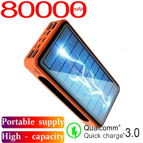 

80000mah солнечной энергии портативное зарядное устройство большой емкости светодиодные лампы 4usb внешняя батарея быстрая зарядка для samsu