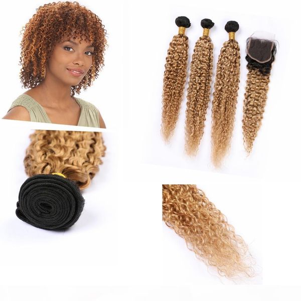 

ombre honey blonde human hair bundles with closure 4" * 4" dark root kinky curly ombre indian curly bundles and closure #1b #27, Black;brown