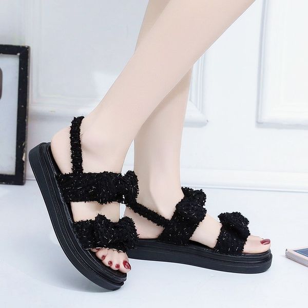 

ankle-wrap korean bow platform sandals 3cm increasing, Black