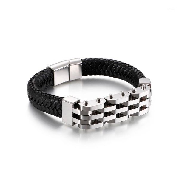 

fashion men retro silver color black gold engine bike titanium steel rock locomotive bicycle weave leather bracelets jewelry1