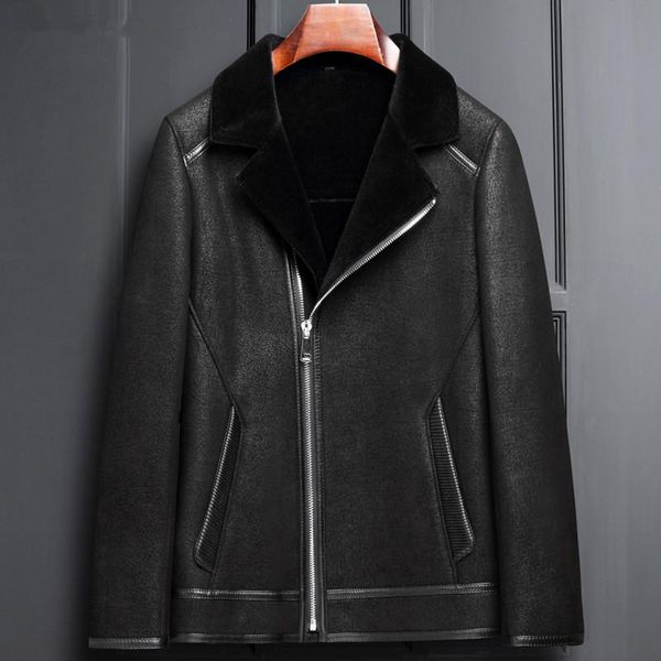 

men's leather & faux genuine jacket men real wool fur coat winter sheepskin streetwear bomber plus size lsy088080, Black