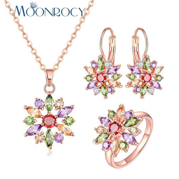 

MOONROCY Free Shipping Cubic Zirconia Colourful Crystal Earrings Necklace and Ring Rose Gold Color Jewelry Set for Women Gift, Silver
