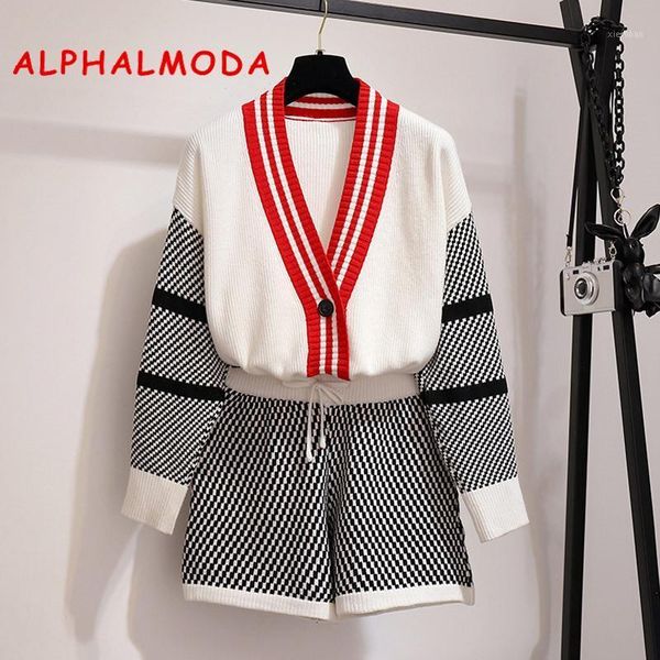 

alphalmoda v-collar long-sleeved outfit + shorts women autumn 2pcs casual sets 2021 new fashion knitting jacket shorts set1, White