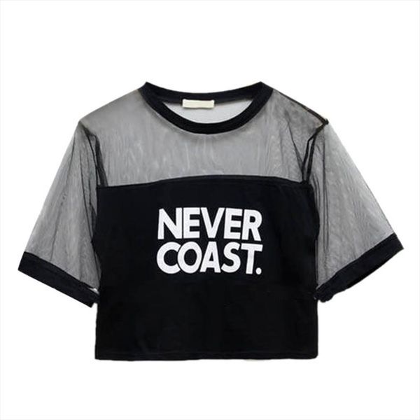 

2020 wholesale women girls loose crop t shirt crew neck see through gauze new arrival w13, White