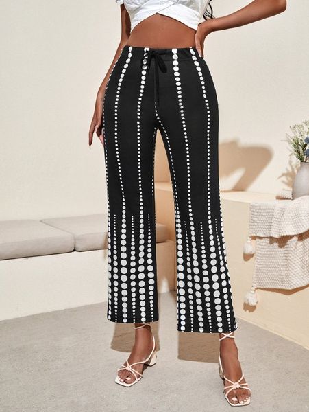 

polka dot drawstring waist wide leg pants u3ds#, Black;white