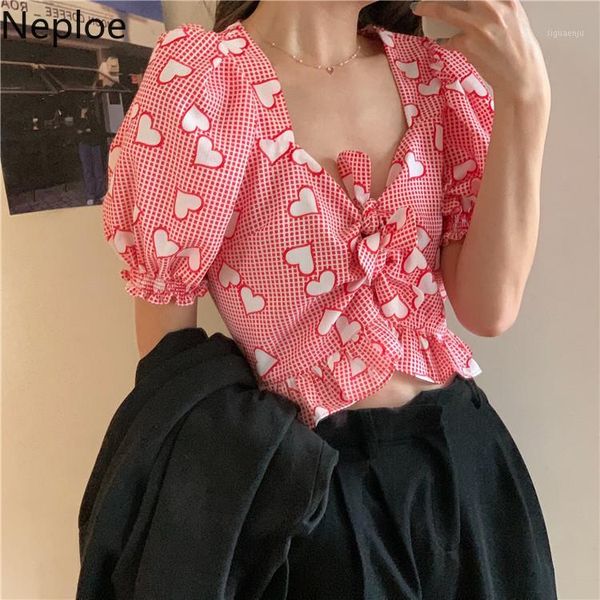 

neploe plaid love heart printed women blouse puff sleeve square collar korean shirts 2020 new tie high waist short blusas 4b0931, White