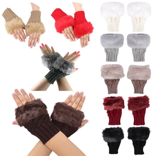 

five fingers gloves fashion winter women plush faux fur knitting wool keep warm short mitten fingerless lady girl half finger glove h xrq88, Blue;gray