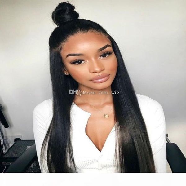 

full lace human hair wig silky straight pre-plucked hairline brazilian virgin hair lace front wig 150% density with baby hair, Black;brown