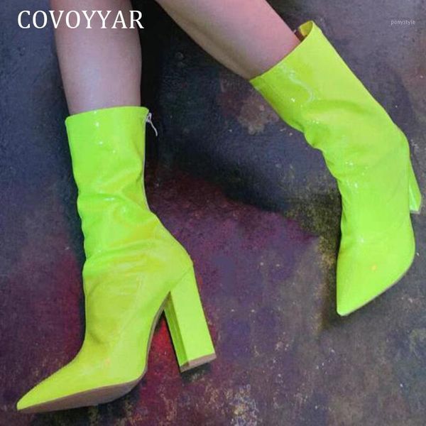 

boots covoyyar 2021 patent leather women autumn pointed toe shoes woman booties high heel ladies pumps candy colors wbs20141, Black