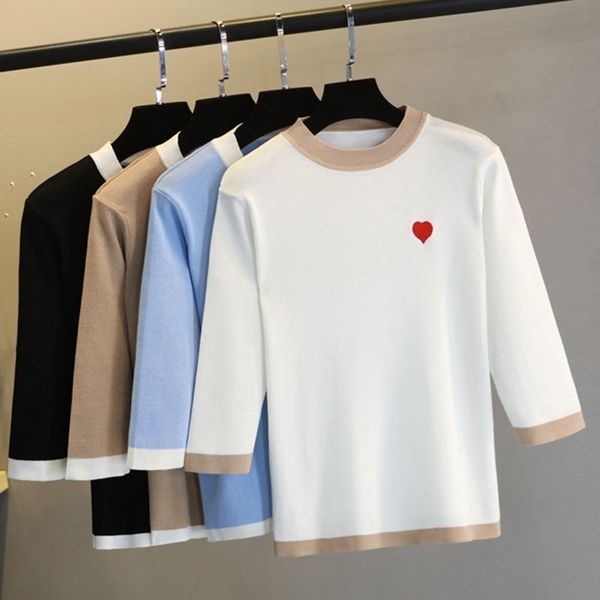 

gigogou half sleeve sweater women pullovers spring autumn knitted jumper embroidery heartshape jersey mujer pull femme hive y200720, White;black