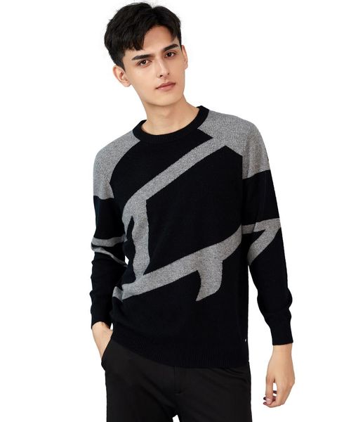 

zhili men's 100% cashmere patchwork crewneck sweater, White;black