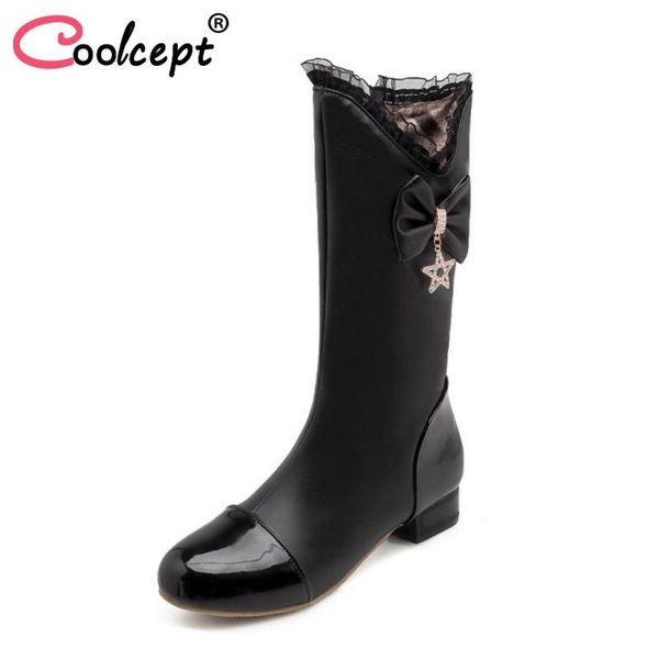 

coolcept size 31-43 woman high heel boots fur winter warm shoes women bowtie half short boots women fashion sweet footwear, Black