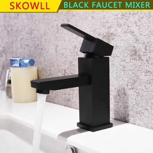 

skowll black bathroom deck mounted basin sink faucet mixer waterfall single handle