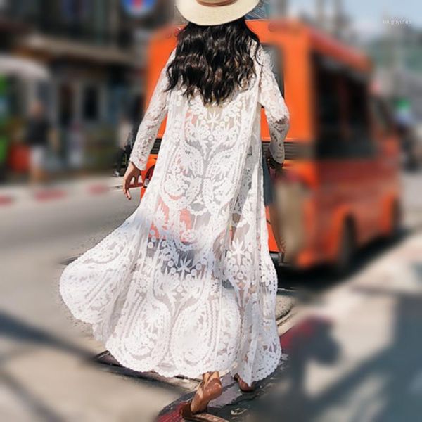 

2018 summer bohe long sleeve maxi lace kimonos women maxi bohe lace beach kimonos plus long mesh mesh blouse1, White