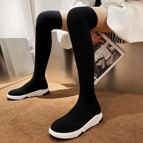 

lucyever autum elastic knitted over the knee sock boots women 2020 black slim platform high boots woman slip on wedges shoes 1026