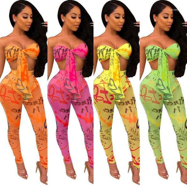 

2019 women new summer mesh see though letter print strapless & pencil pants suit two piece set beach tracksuit gls362911, White