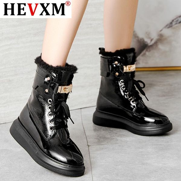 

2021 fashion metal buckle warm woman ankle boots shoes women pu leather winter short plush snow boots chunky platform shoes, Black