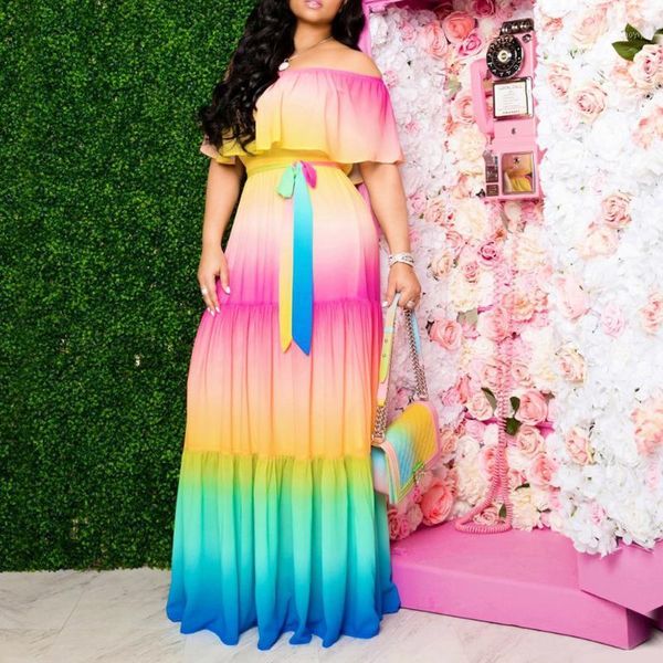 

slash neck tie dye chiffion women dress summer 2020 ruffle high waist a line dresses robe casual daily beach maxi dress vestiods1, Black;gray