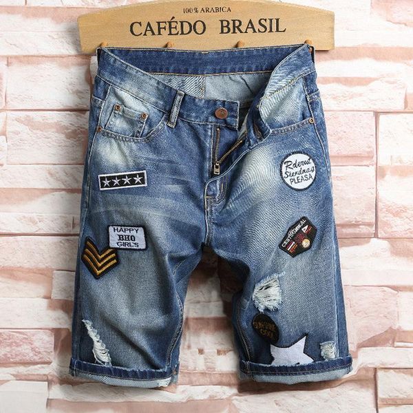 

denim shorts men's summer hole fashion denim shorts large size cotton men's straight knee length, Blue
