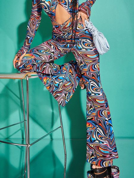 

tie back marble print flare leg pants q1kl#, Black;white