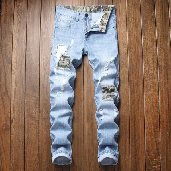 

2019 men's garment camouflage cowboy straight hole cultivate one's morality jeans, Blue
