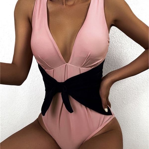 

2021 outdoor single backless color matching knot triangle one piece spring swimsuit female, White;black