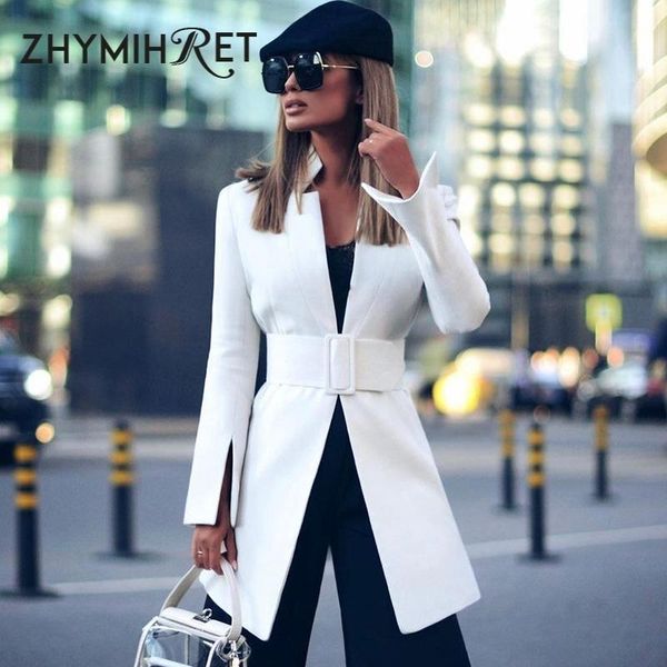 

zhymihret 2020 autumn winter v neck blazer feminino long split sleeve coat belt women outerwear elegant office lady long suits, White;black