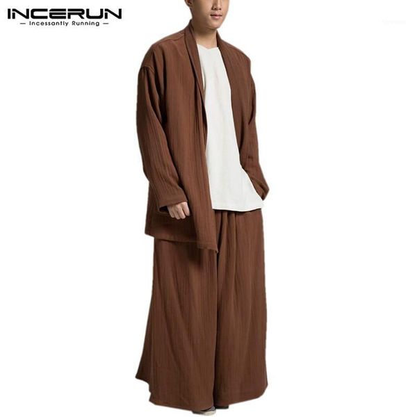 

long sleeve cardigan shirts elastic waist pants incerun vintage men solid color sets loose chinese style pocket man suits s-5xl1, Gray