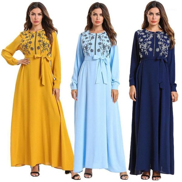 

ethnic clothing muslim women embroidery long maxi dress robe abaya zipper breast feeding islamic clothes ramadan dubai kaftan with belt fash, Red
