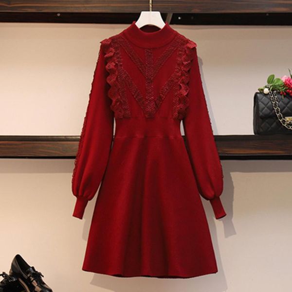 

plus size hepburn women sweater lantern sleeve dress elegant knitted patchwork lace elastic waist slim dress 2020 autumn winter, Black;gray