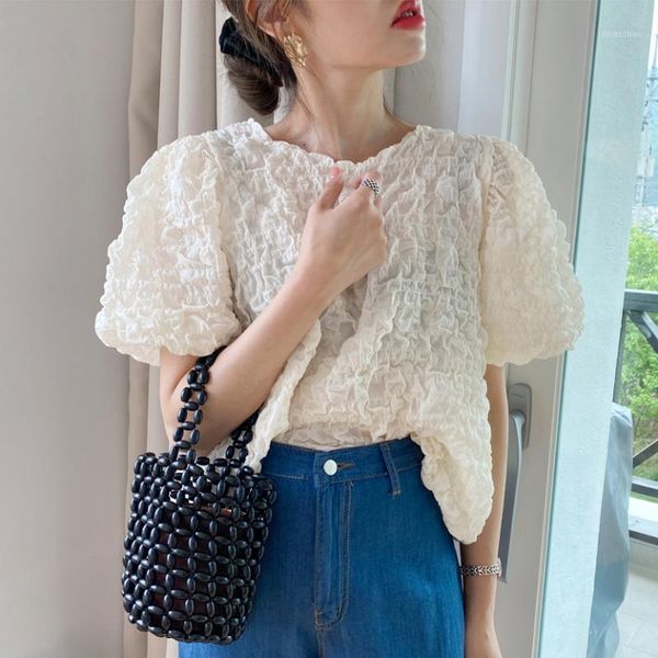 

qooth vintage summer women blusas round neck blouse pleated ladies shirts loose and versatile foam sleeve blouses qt0321, White