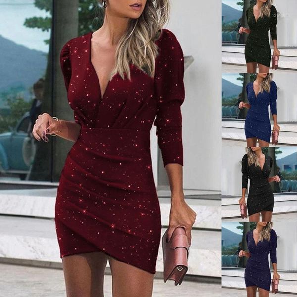 

deep v dress women sequins wrap ruched long sleeve dresses for women elegant nightclub party dress female vestidos1, Black;gray