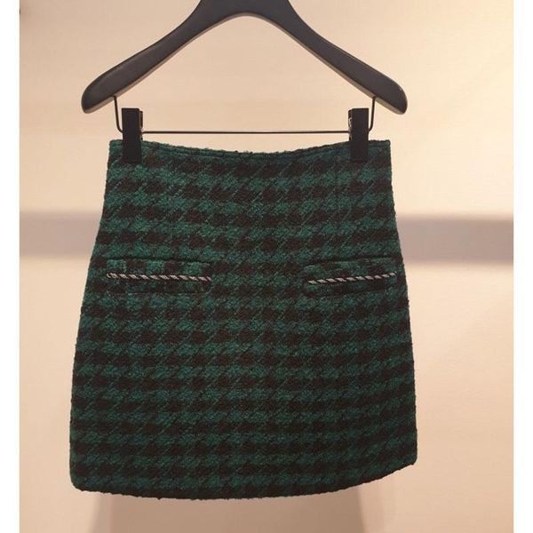 

women's elegant slim wool a-line mini short skirt autumn winter woolen contrast colour high waist skirt with pockets 2020 new, Black